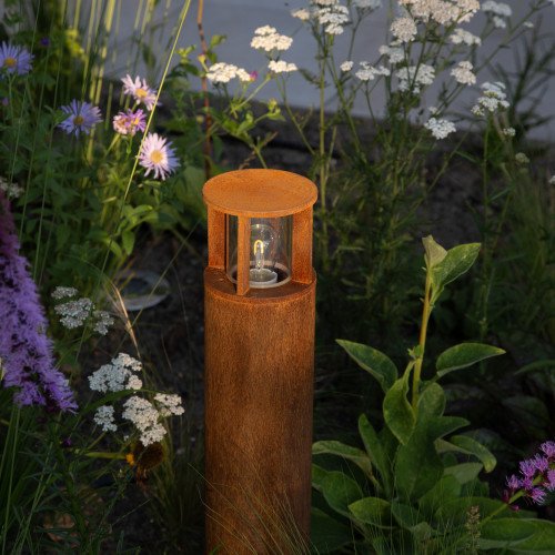 Lampe de jardin ronde robuste en acier corten marron, raccord E27