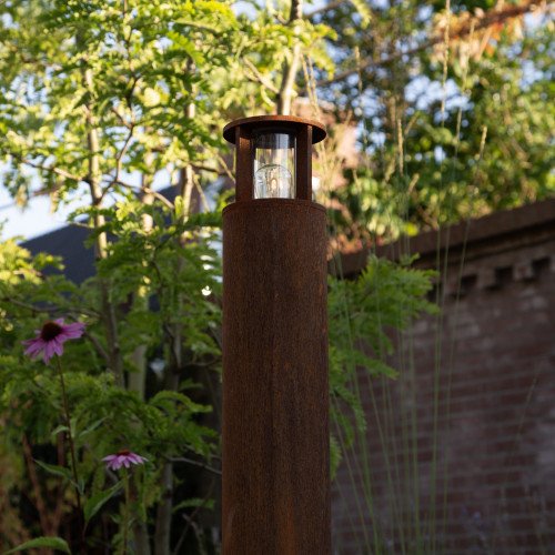 Lampe de jardin ronde robuste en acier corten marron, raccord E27